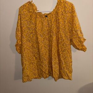 Old Navy Yellow Floral Print Blouse with Ruffled Neckline - Women's Size XL